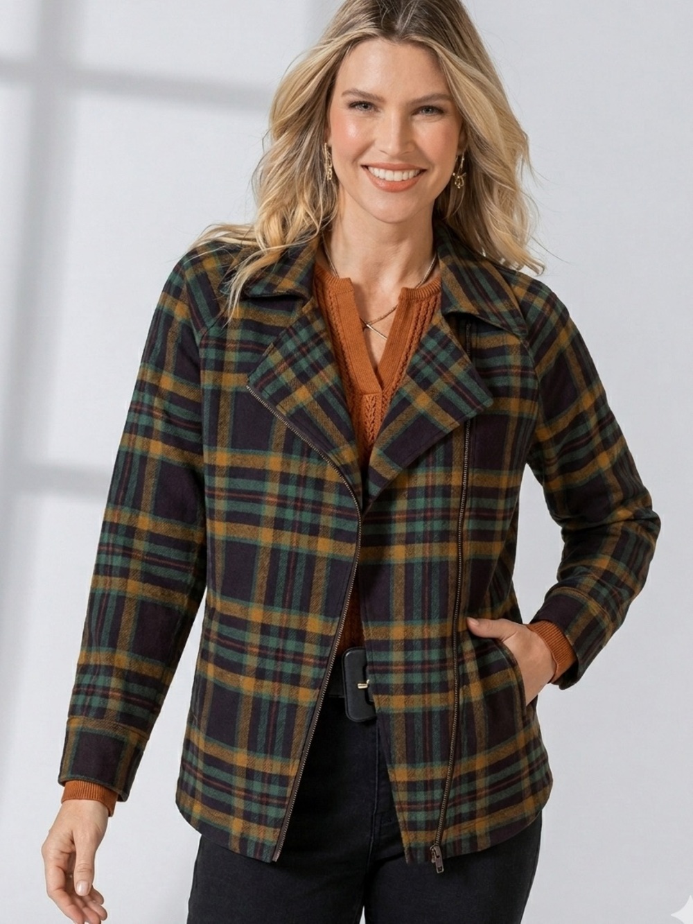 CAbi Moto Plaid Zip-Front Jacket in Black, Green, Gold Fall Brass Buttons M